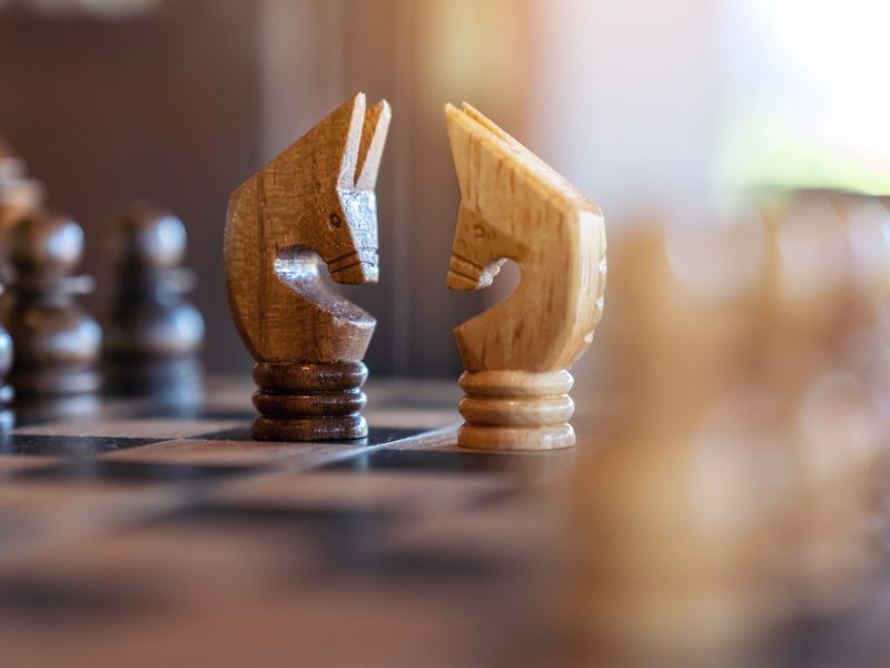 Closeup image of two horses on wooden chessboard game
