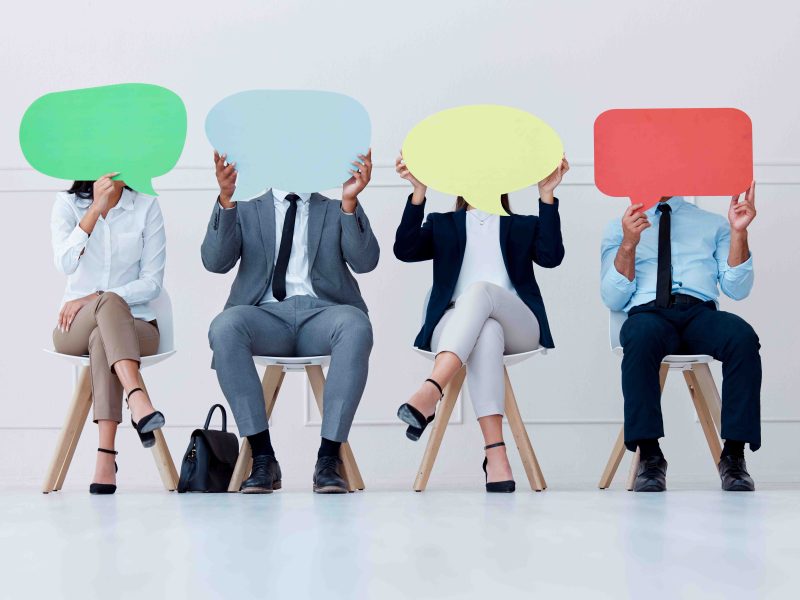 Speech bubble, opinion and business people for social media communication, vote or voice and waitin.